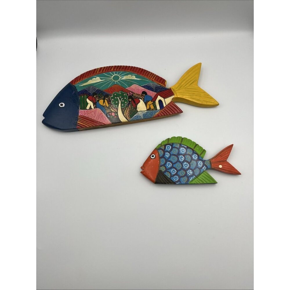 Mexican Folk Art Hand Carved & Painted Harvest Time Set Of 2 Wall Art Fish Shape